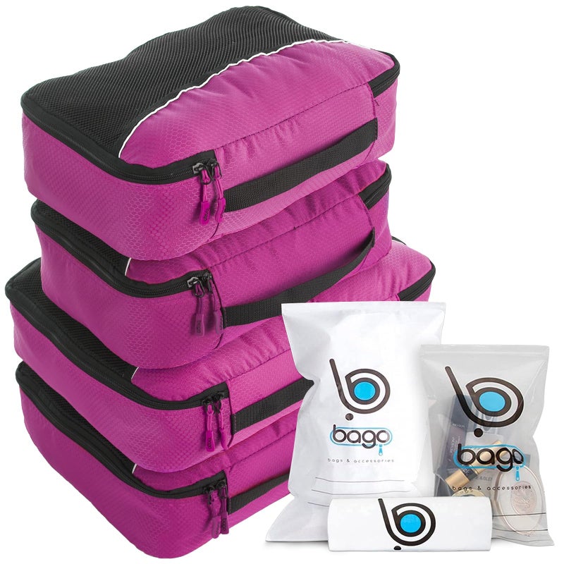 bago 7 Pcs Packing Cubes for Suitcases - 4 Travel Cubes with 3 ZipLock Bags - Luggage Organizer Bags to Get Maximum Storage, Save Time & Effort to Pack - Happy Traveling (Pink) - Image 1